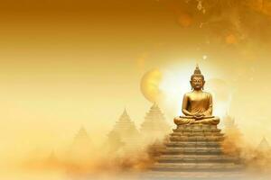 A buddha sits in in vesak buddha purnima day with copy space. Background for vesak festival day concept. Vesak celebration day greetings concept by AI Generated photo