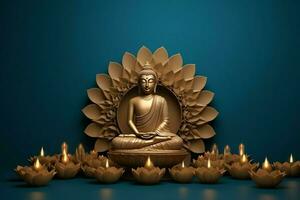 A buddha sits in in vesak buddha purnima day with copy space. Background for vesak festival day concept. Vesak celebration day greetings concept by AI Generated photo