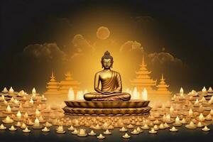 A buddha sits in in vesak buddha purnima day with copy space. Background for vesak festival day concept. Vesak celebration day greetings concept by AI Generated photo