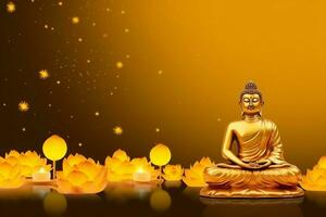 A buddha sits in in vesak buddha purnima day with copy space. Background for vesak festival day concept. Vesak celebration day greetings concept by AI Generated photo