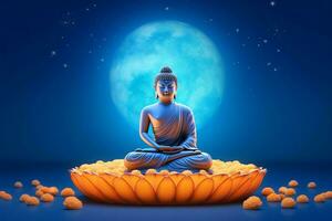 A buddha sits in in vesak buddha purnima day with copy space. Background for vesak festival day concept. Vesak celebration day greetings concept by AI Generated photo