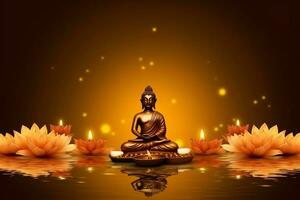 A buddha sits in in vesak buddha purnima day with copy space. Background for vesak festival day concept. Vesak celebration day greetings concept by AI Generated photo