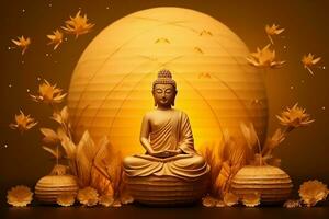A buddha sits in in vesak buddha purnima day with copy space. Background for vesak festival day concept. Vesak celebration day greetings concept by AI Generated photo
