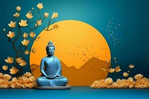 A buddha sits in in vesak buddha purnima day with copy space. Background for vesak festival day concept. Vesak celebration day greetings concept by AI Generated photo