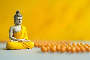 A buddha sits in in vesak buddha purnima day with copy space. Background for vesak festival day concept. Vesak celebration day greetings concept by AI Generated photo