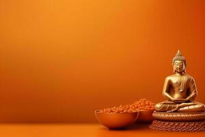 A buddha sits in in vesak buddha purnima day with copy space. Background for vesak festival day concept. Vesak celebration day greetings concept by AI Generated photo