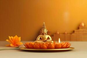 A buddha sits in in vesak buddha purnima day with copy space. Background for vesak festival day concept. Vesak celebration day greetings concept by AI Generated photo