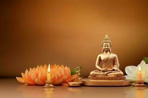 A buddha sits in in vesak buddha purnima day with copy space. Background for vesak festival day concept. Vesak celebration day greetings concept by AI Generated photo