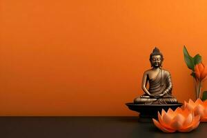 A buddha sits in in vesak buddha purnima day with copy space. Background for vesak festival day concept. Vesak celebration day greetings concept by AI Generated photo