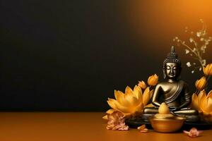A buddha sits in in vesak buddha purnima day with copy space. Background for vesak festival day concept. Vesak celebration day greetings concept by AI Generated photo