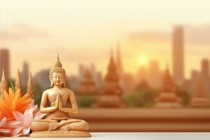 A buddha sits in in vesak buddha purnima day with copy space. Background for vesak festival day concept. Vesak celebration day greetings concept by AI Generated photo