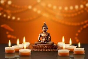 A buddha sits in in vesak buddha purnima day with copy space. Background for vesak festival day concept. Vesak celebration day greetings concept by AI Generated photo
