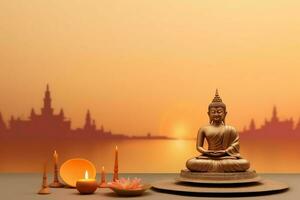 A buddha sits in in vesak buddha purnima day with copy space. Background for vesak festival day concept. Vesak celebration day greetings concept by AI Generated photo