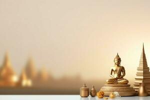 A buddha sits in in vesak buddha purnima day with copy space. Background for vesak festival day concept. Vesak celebration day greetings concept by AI Generated photo