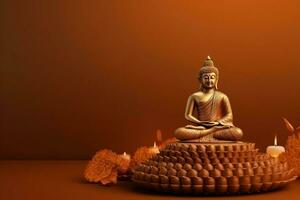 A buddha sits in in vesak buddha purnima day with copy space. Background for vesak festival day concept. Vesak celebration day greetings concept by AI Generated photo