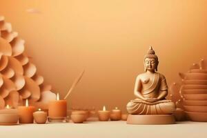 A buddha sits in in vesak buddha purnima day with copy space. Background for vesak festival day concept. Vesak celebration day greetings concept by AI Generated photo