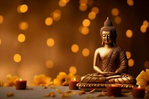 A buddha sits in in vesak buddha purnima day with copy space. Background for vesak festival day concept. Vesak celebration day greetings concept by AI Generated photo