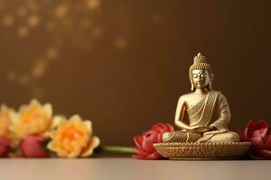 A buddha sits in in vesak buddha purnima day with copy space. Background for vesak festival day concept. Vesak celebration day greetings concept by AI Generated photo
