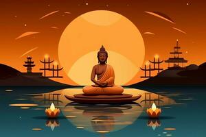 A buddha sits in in vesak buddha purnima day with copy space. Background for vesak festival day concept. Vesak celebration day greetings concept by AI Generated photo