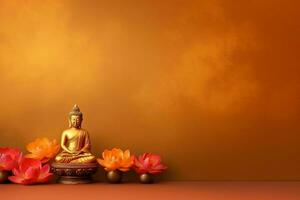 A buddha sits in in vesak buddha purnima day with copy space. Background for vesak festival day concept. Vesak celebration day greetings concept by AI Generated photo
