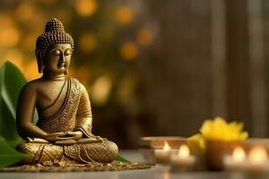 A buddha sits in in vesak buddha purnima day with copy space. Background for vesak festival day concept. Vesak celebration day greetings concept by AI Generated photo