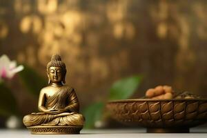 A buddha sits in in vesak buddha purnima day with copy space. Background for vesak festival day concept. Vesak celebration day greetings concept by AI Generated photo