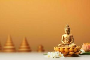 A buddha sits in in vesak buddha purnima day with copy space. Background for vesak festival day concept. Vesak celebration day greetings concept by AI Generated photo