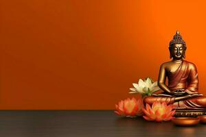 A buddha sits in in vesak buddha purnima day with copy space. Background for vesak festival day concept. Vesak celebration day greetings concept by AI Generated photo