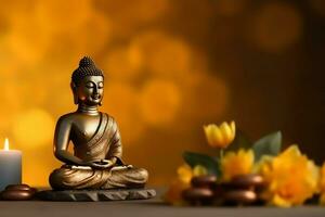 A buddha sits in in vesak buddha purnima day with copy space. Background for vesak festival day concept. Vesak celebration day greetings concept by AI Generated photo