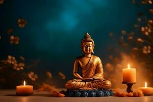 A buddha sits in in vesak buddha purnima day with copy space. Background for vesak festival day concept. Vesak celebration day greetings concept by AI Generated photo
