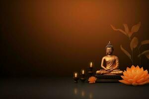 A buddha sits in in vesak buddha purnima day with copy space. Background for vesak festival day concept. Vesak celebration day greetings concept by AI Generated photo