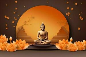 A buddha sits in in vesak buddha purnima day with copy space. Background for vesak festival day concept. Vesak celebration day greetings concept by AI Generated photo