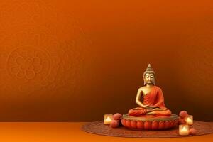 A buddha sits in in vesak buddha purnima day with copy space. Background for vesak festival day concept. Vesak celebration day greetings concept by AI Generated photo