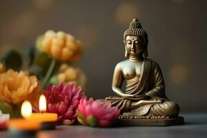 A buddha sits in in vesak buddha purnima day with copy space. Background for vesak festival day concept. Vesak celebration day greetings concept by AI Generated photo