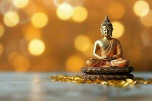 A buddha sits in in vesak buddha purnima day with copy space. Background for vesak festival day concept. Vesak celebration day greetings concept by AI Generated photo