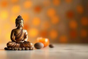 A buddha sits in in vesak buddha purnima day with copy space. Background for vesak festival day concept. Vesak celebration day greetings concept by AI Generated photo