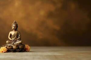 A buddha sits in in vesak buddha purnima day with copy space. Background for vesak festival day concept. Vesak celebration day greetings concept by AI Generated photo