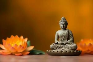 A buddha sits in in vesak buddha purnima day with copy space. Background for vesak festival day concept. Vesak celebration day greetings concept by AI Generated photo