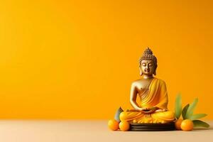 A buddha sits in in vesak buddha purnima day with copy space. Background for vesak festival day concept. Vesak celebration day greetings concept by AI Generated photo
