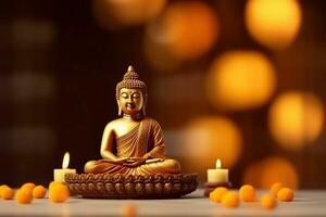 A buddha sits in in vesak buddha purnima day with copy space. Background for vesak festival day concept. Vesak celebration day greetings concept by AI Generated photo