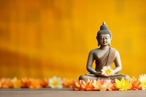 A buddha sits in in vesak buddha purnima day with copy space. Background for vesak festival day concept. Vesak celebration day greetings concept by AI Generated photo