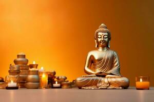 A buddha sits in in vesak buddha purnima day with copy space. Background for vesak festival day concept. Vesak celebration day greetings concept by AI Generated photo