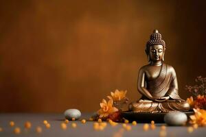A buddha sits in in vesak buddha purnima day with copy space. Background for vesak festival day concept. Vesak celebration day greetings concept by AI Generated photo