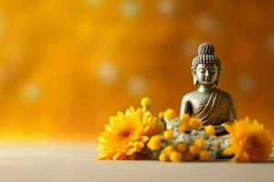 A buddha sits in in vesak buddha purnima day with copy space. Background for vesak festival day concept. Vesak celebration day greetings concept by AI Generated photo