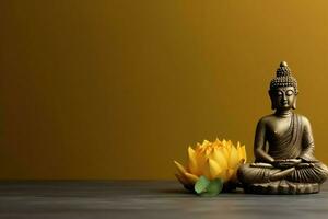 A buddha sits in in vesak buddha purnima day with copy space. Background for vesak festival day concept. Vesak celebration day greetings concept by AI Generated photo