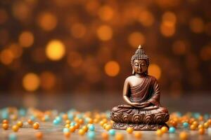 A buddha sits in in vesak buddha purnima day with copy space. Background for vesak festival day concept. Vesak celebration day greetings concept by AI Generated photo