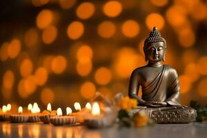 A buddha sits in in vesak buddha purnima day with copy space. Background for vesak festival day concept. Vesak celebration day greetings concept by AI Generated photo