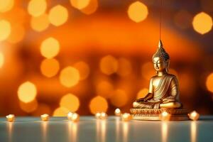 A buddha sits in in vesak buddha purnima day with copy space. Background for vesak festival day concept. Vesak celebration day greetings concept by AI Generated photo