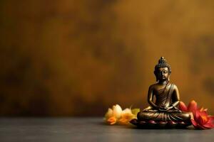 A buddha sits in in vesak buddha purnima day with copy space. Background for vesak festival day concept. Vesak celebration day greetings concept by AI Generated photo
