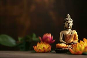 A buddha sits in in vesak buddha purnima day with copy space. Background for vesak festival day concept. Vesak celebration day greetings concept by AI Generated photo